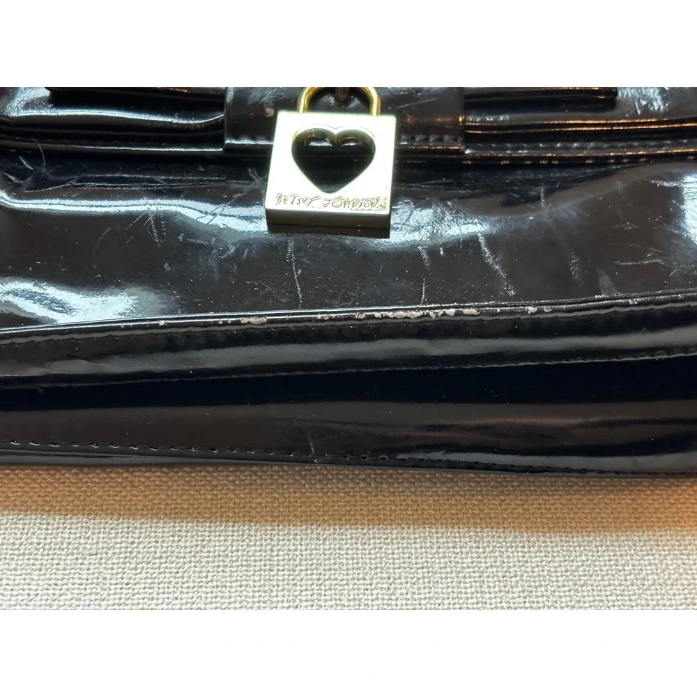 Vintage Y2K Betsey Johnson Satchel Bag Black Patent Bow Heart Padlock Rocker